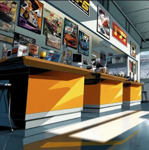Empty Racing Comic Shop – AI image example